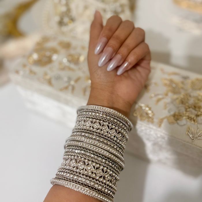 Silver Bangle Set with Pearls