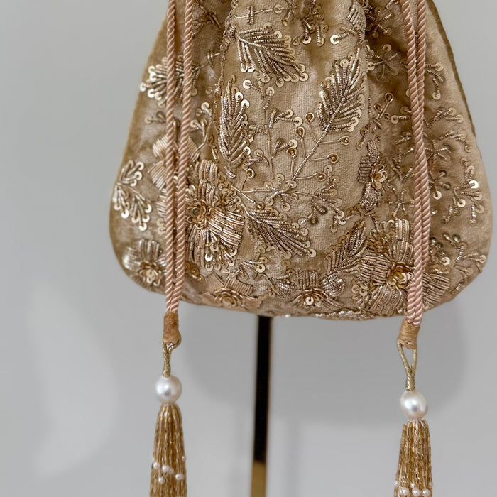 Champagne Gold Zardozi Work Bridal Potli Bag: Wedding Evening Bag