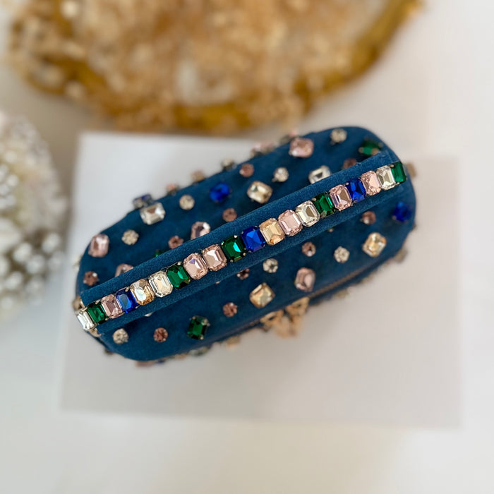 Denim Vanity Case Bag | Multicolor Rhinestones Bag