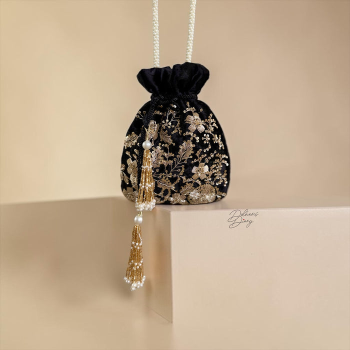 Black Zardozi Work Bridal Potli Bag: Wedding Evening Bag