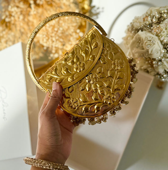 24k Gold Plated Brass Clutch: Vintage Style Top Handle Handbag