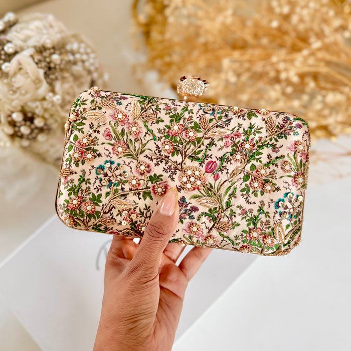 Green and Fuchsia Floral Clutch | Hand-Embroidered Floral Clutch with Rose Clasp
