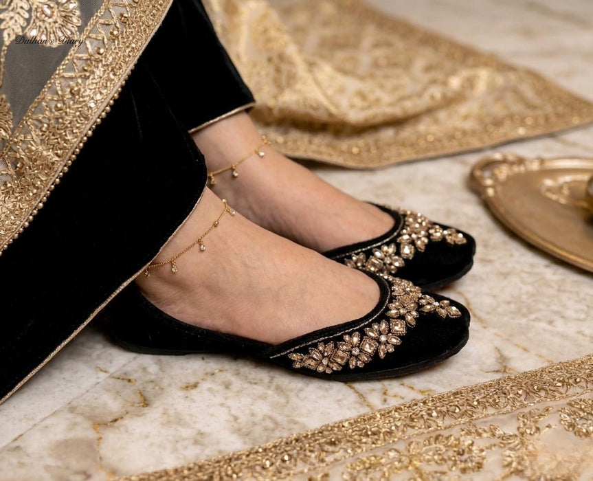 Handmade Black Velvet Crystal Khussa Juttis: Pakistani Bridal Shoes