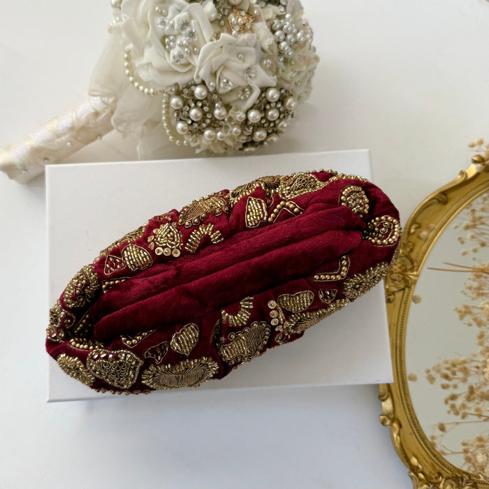Maroon Velvet Evening Pouch Bag | Traditional Zardosi Embroidery