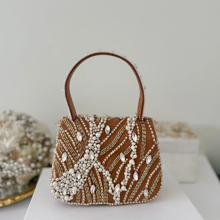 Beaded Top Handle Bag:  Natural Tone Handmade Bridal Clutch