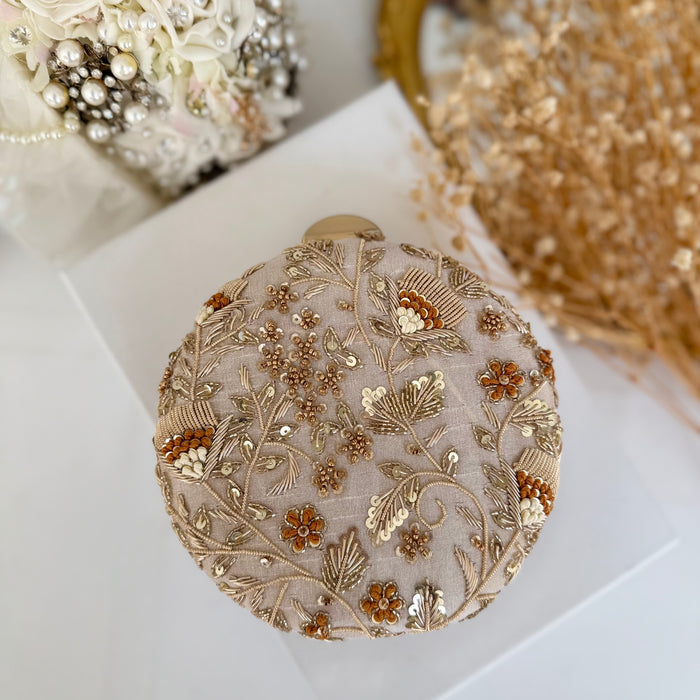Beige Round Shape Mini Clutch: Handmade Statement Bag
