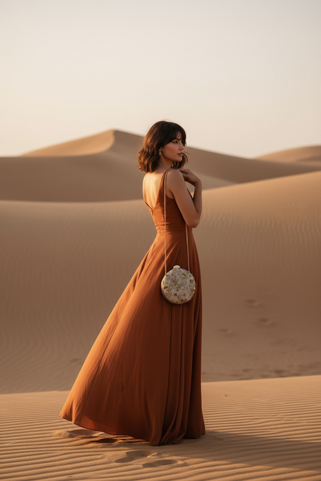 Beige Round Shape Mini Clutch: Handmade Statement Bag