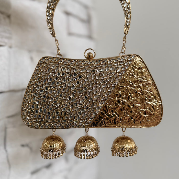 Kundan Brass Clutch with Jhumka: Vintage Style Kundan Handbag