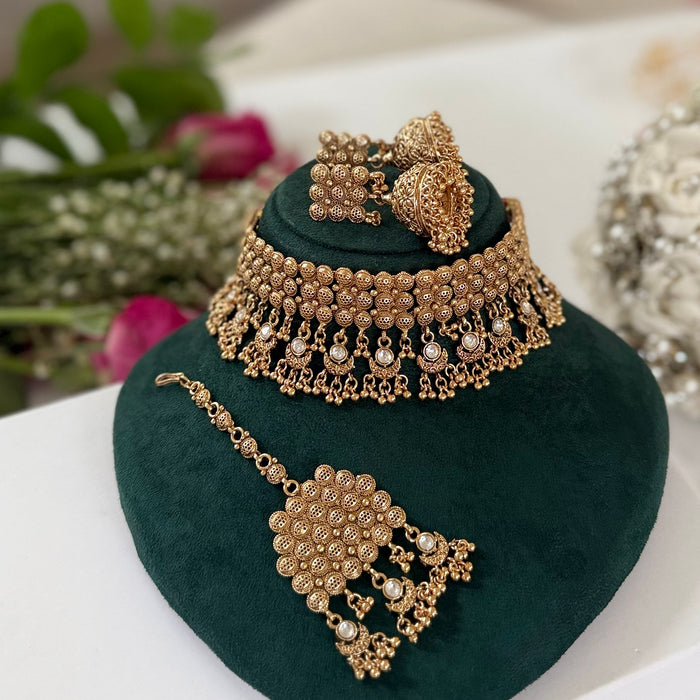Gold Plated Chocker Set - Choker Set with Earrings and Tikka