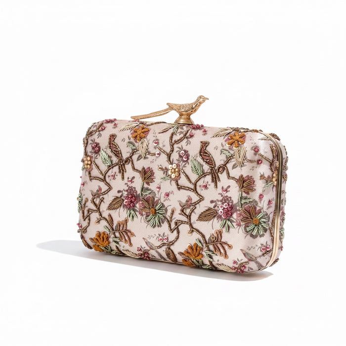 Multi-Color Bird and Floral Motif Hand-Embroidered Clutch