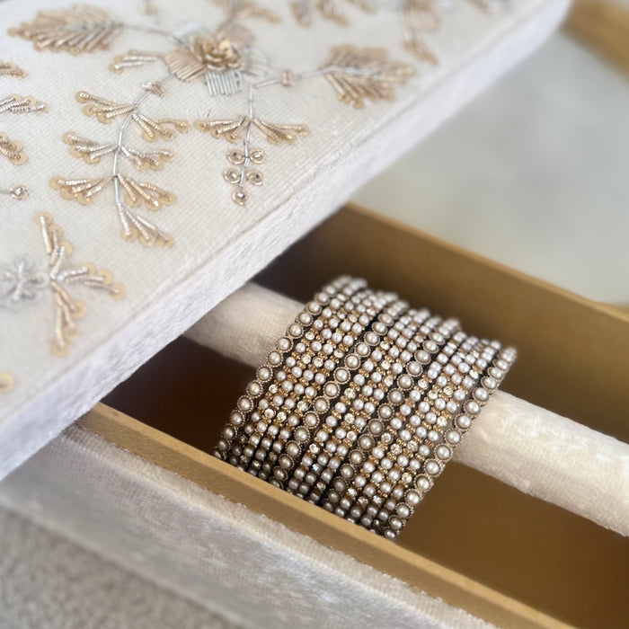 Beaded Bangle Set : White and Gold Bangle Set of 12