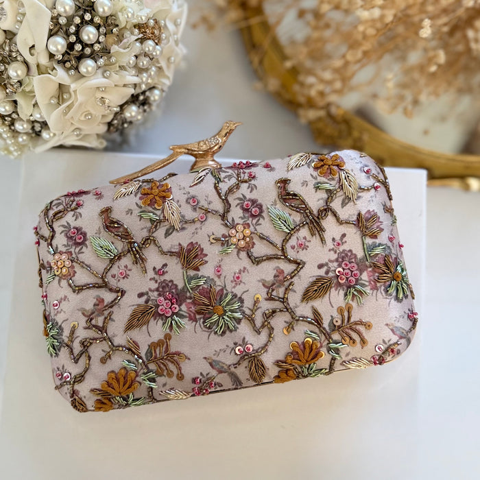 Multi-Color Bird and Floral Motif Hand-Embroidered Clutch