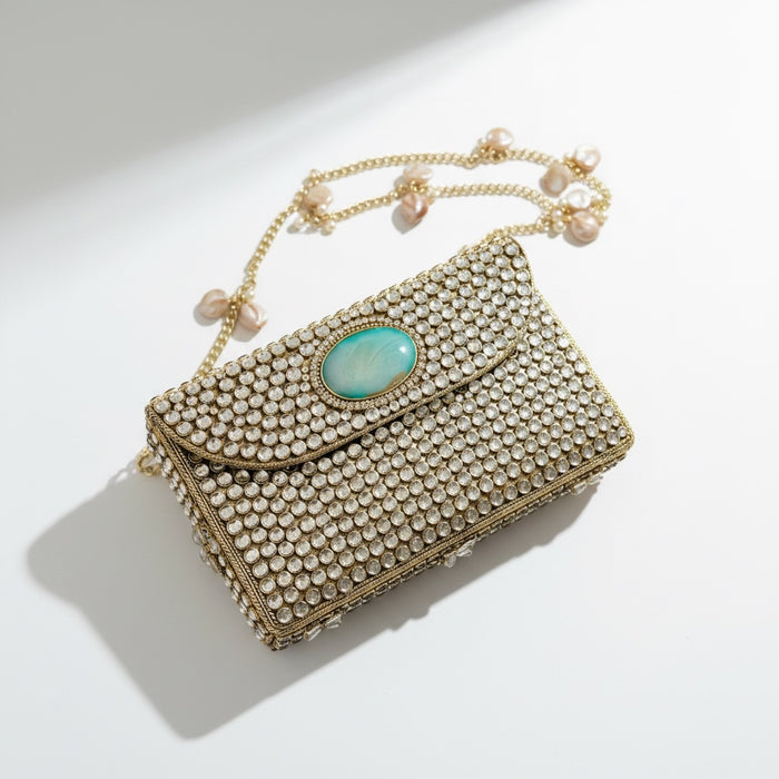 Natural Oval Onyx Gemstone Clutch | Kundan Detailing on Brass Frame