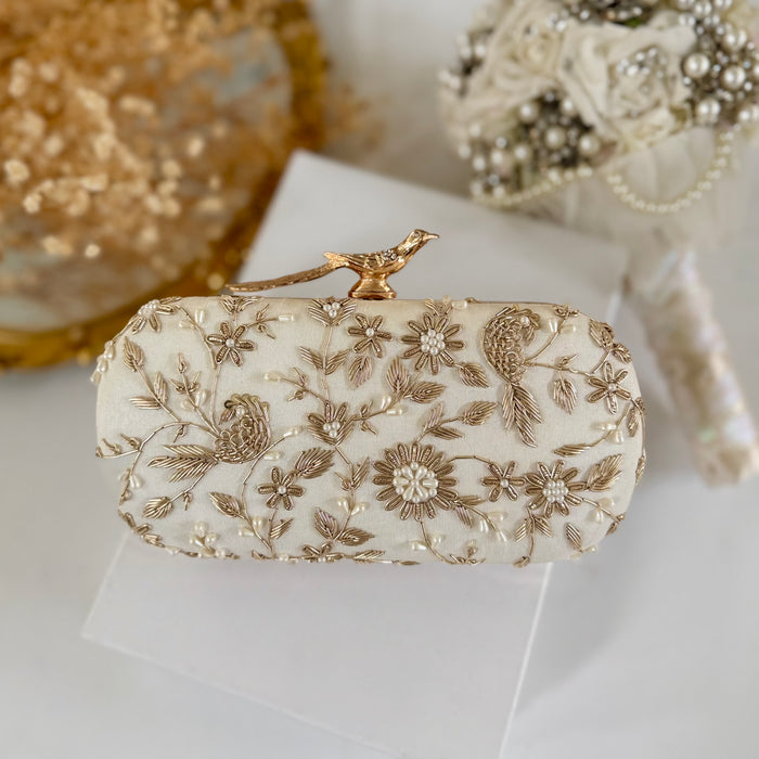 Ivory Bird-Motifs Bridal Clutch