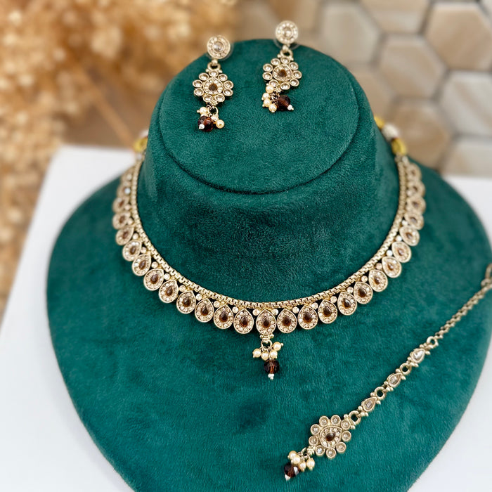 Indian Gold Plated Jewelry Set: Minimalist Bridal Necklace, Earrings and Tikka Set