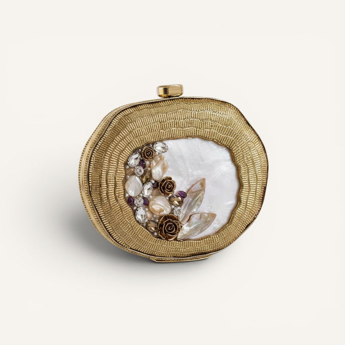 Floral Mother of Pearl Clutch in Ivory with Brass Frame
