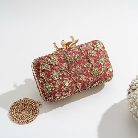 Rusty Red Hand-Embroidered Clutch Bag |Printed Floral Purse
