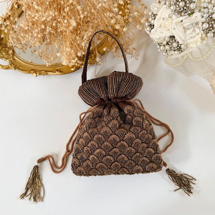 Brown Potli Bag – Antique Gold Zardosi Work Evening Bag