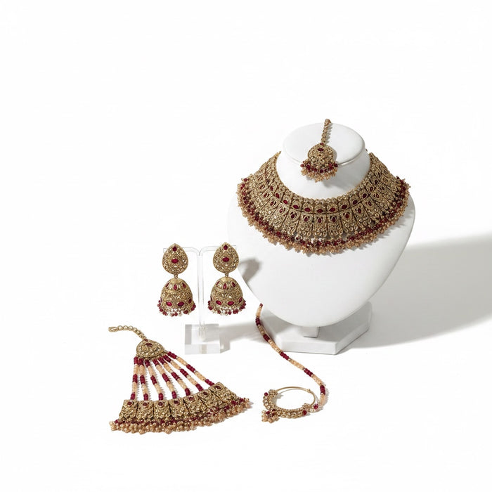 Antique Gold Plated Reverse AD Bridal Set- Maroon Bridal Necklace Set