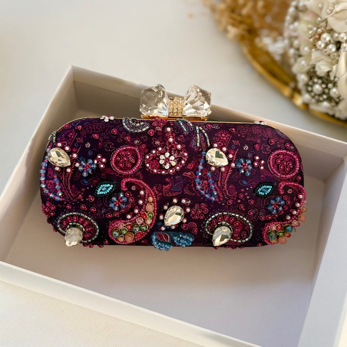 Purple Paisley Jewel Clutch | Hand-embroidered Clutch with Bow Clasp