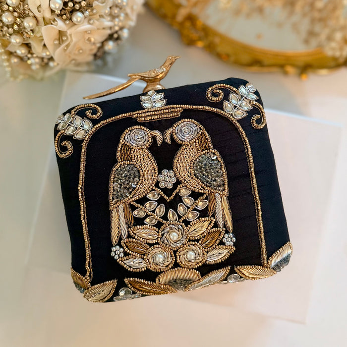 Black Embroidered Bird Motif Clutch | Evening Bag