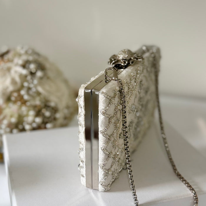 Ivory Velvet Clutch: Beaded Zardosi Work Bridal Wedding Day Purse