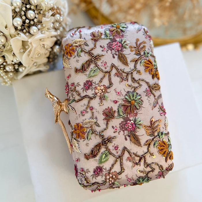 Multi-Color Bird and Floral Motif Hand-Embroidered Clutch