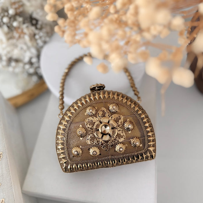 Mini Statement Antique Gold Metal Clutch