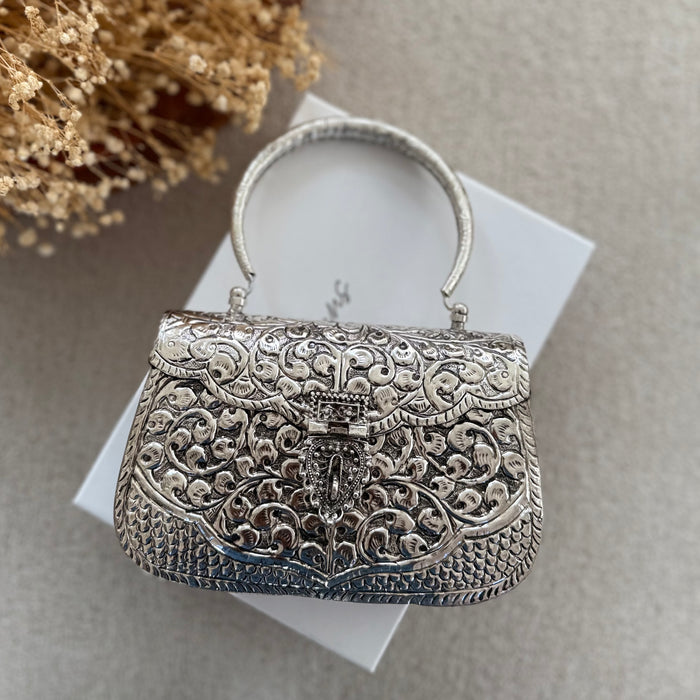Silver Plated Brass Antique Clutch: Vintage Style Evening Bag With Top Handle