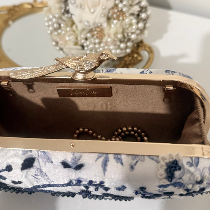 Floral Zardosi Bridal Clutch: Navy Blue Zardozi Work Printed Wedding Clutch With Bird Knob
