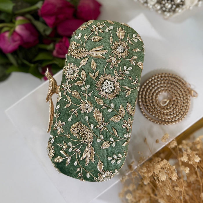 Olive Green Bridal Clutch: Zardosi Work Bird Knob Clutch