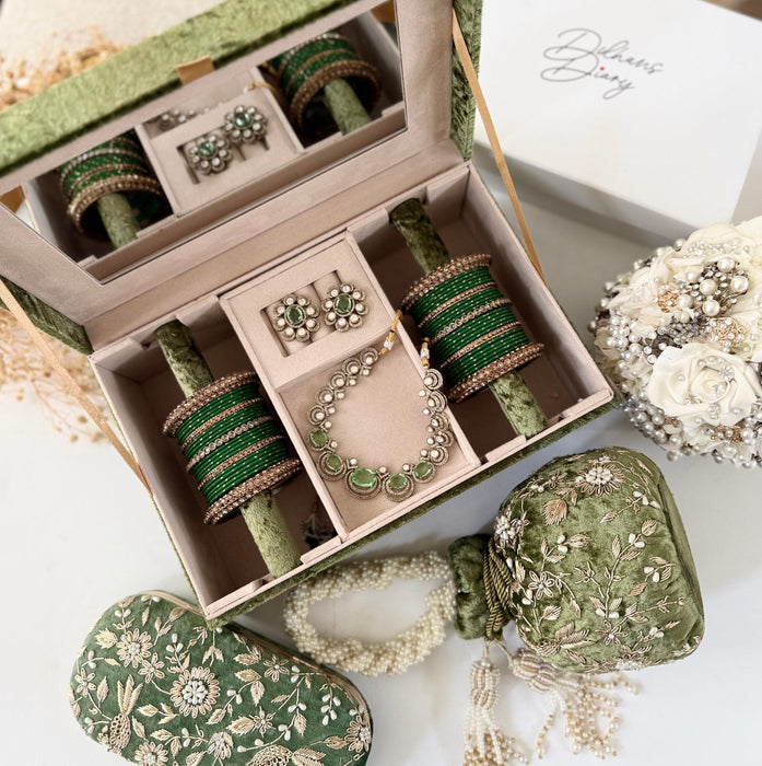 Olive Green Zardozi Work Trousseau Box - Bird Theme Keepsake Box