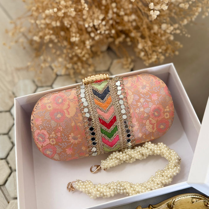 Multi-Color Banarasi Clutch: Banarasi Ethnic Clutch with Beaded Handle