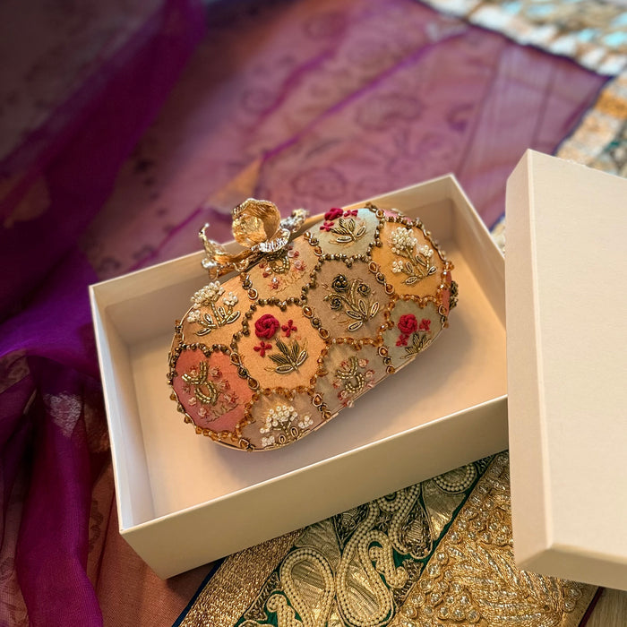 Jewel Tapestry Oval Clutch: Hand-Embroidered Oval Bag