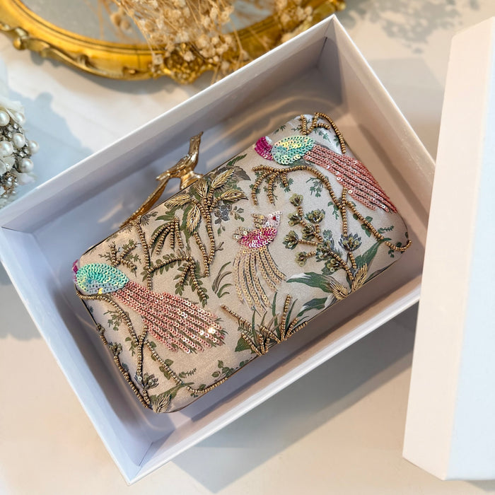 Multicolor Peacock Clutch | Hand-Embroidered Clutch With Bird Knob