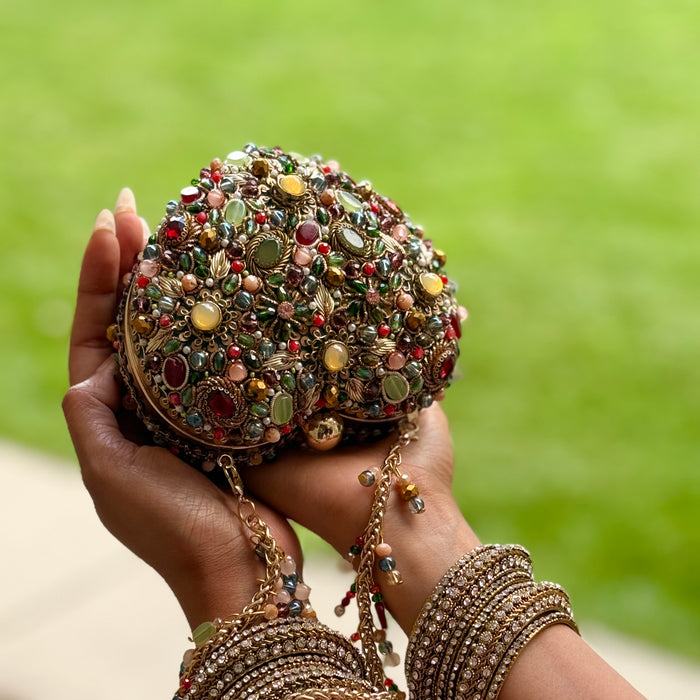 Multicolor Hand-Embroidered Heart-Shaped Kundan Clutch