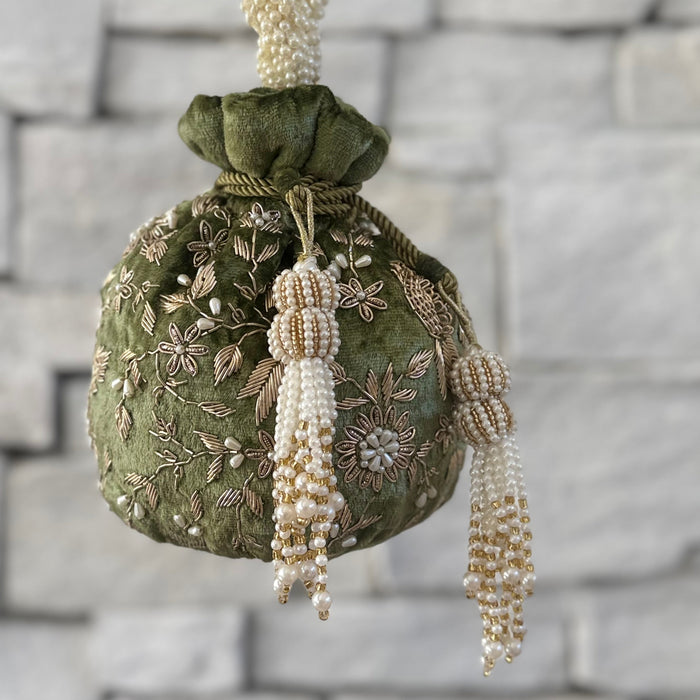 Olive Green Velvet Potli Bag | Zardosi & Pearl Embellishments