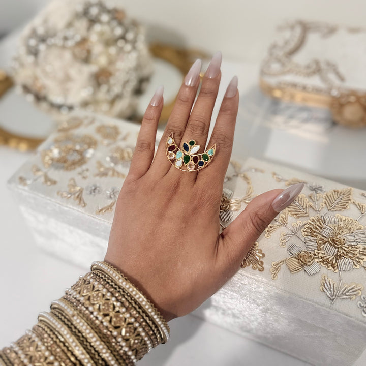 Moon Inspired Ring : Gold Finish Bridal Ring With Kundan and Brass