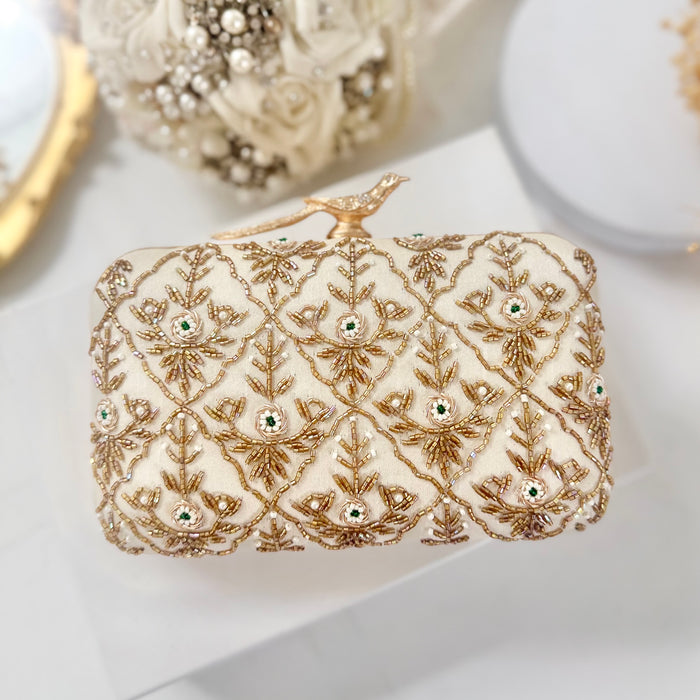 Ivory Clutch | Beaded Evening Bag with Bird Knob