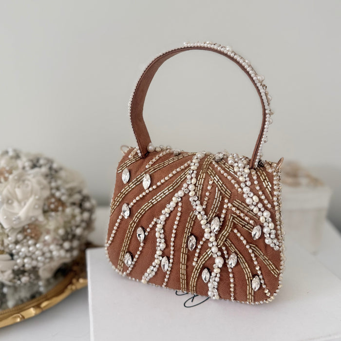 Beaded Top Handle Bag:  Natural Tone Handmade Bridal Clutch