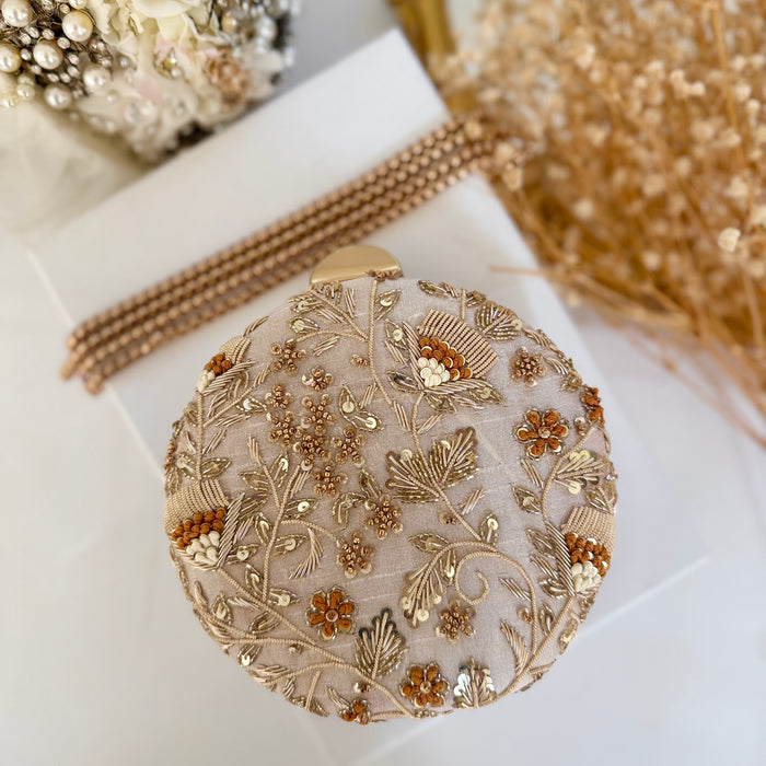 Beige Round Shape Mini Clutch: Handmade Statement Bag