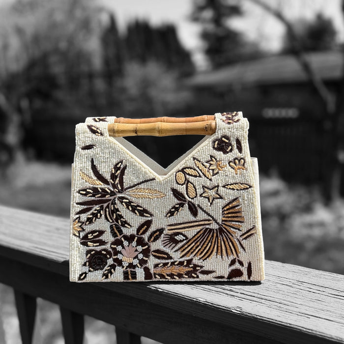 Brown Beaded Vacation Bag with Bamboo Handle