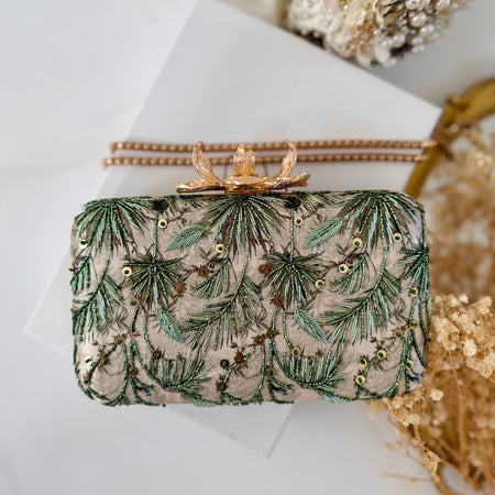 Hand-Embroidered Nature Inspired Leaf Clutch