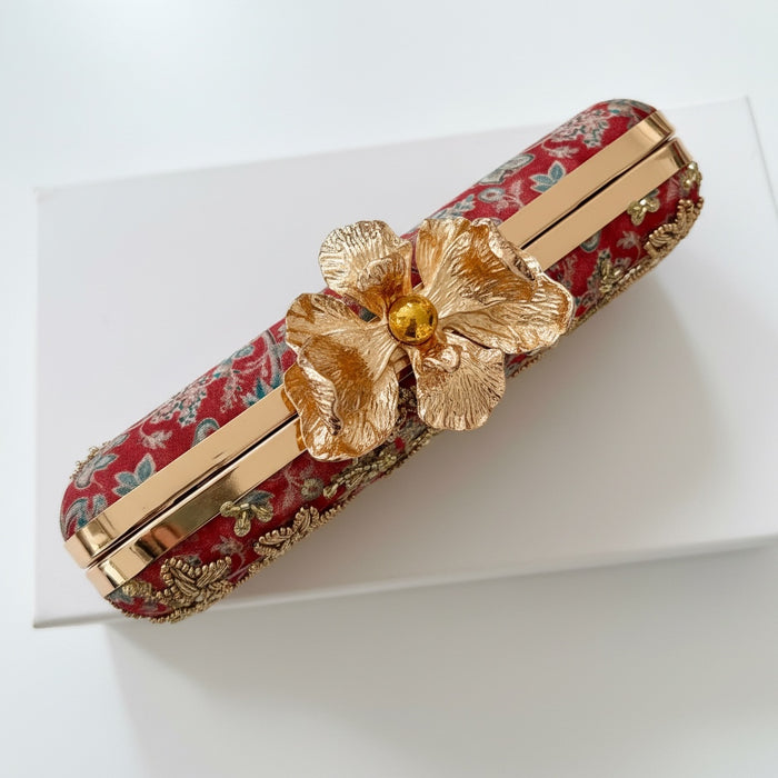 Rusty Red Hand-Embroidered Clutch Bag |Printed Floral Purse