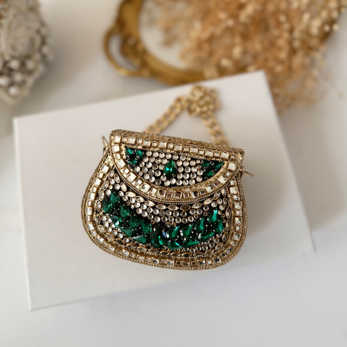 Emerald Green Kundan Clutch: Mini Metal Statement Bag