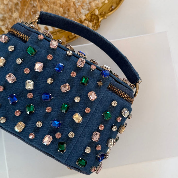 Denim Vanity Case Bag | Multicolor Rhinestones Bag