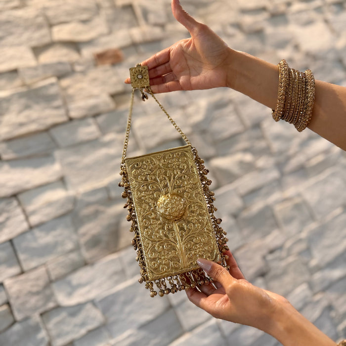 Mobile Shape Antique Gold Brass Clutch