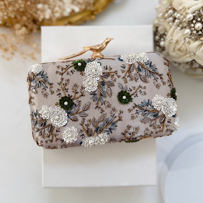 Gray Floral Hand-Embroidered Clutch Bird Knob 