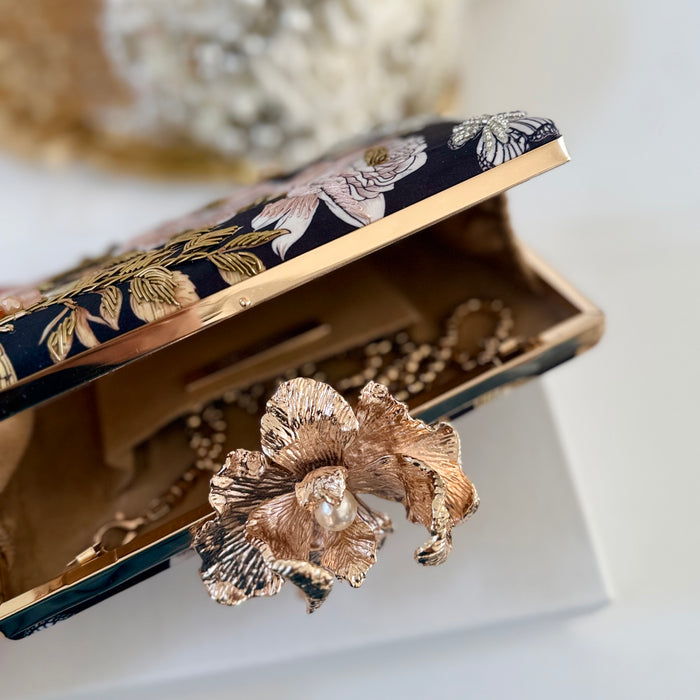 Black & Blush Rose Butterfly Clutch | Floral Evening Bag
