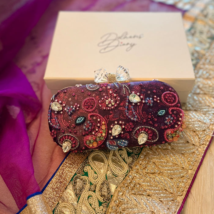 Purple Paisley Clutch | Hand-embroidered Bridal Clutch Bow Clasp